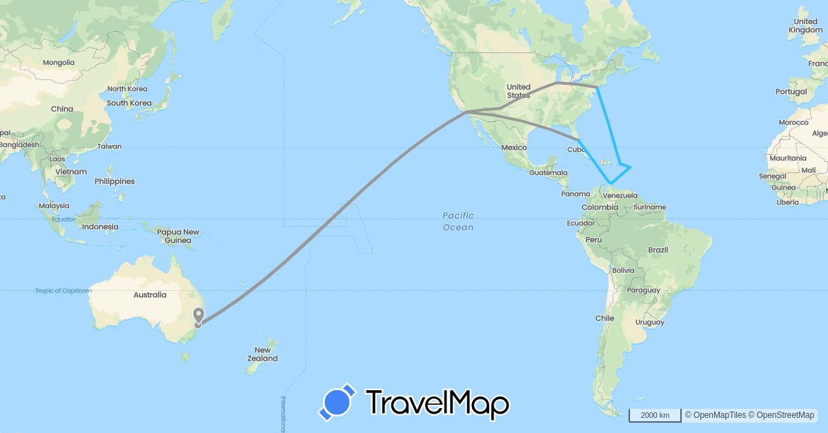 TravelMap itinerary: driving, plane, boat in Australia, Saint Kitts and Nevis, Netherlands, United States (Europe, North America, Oceania)